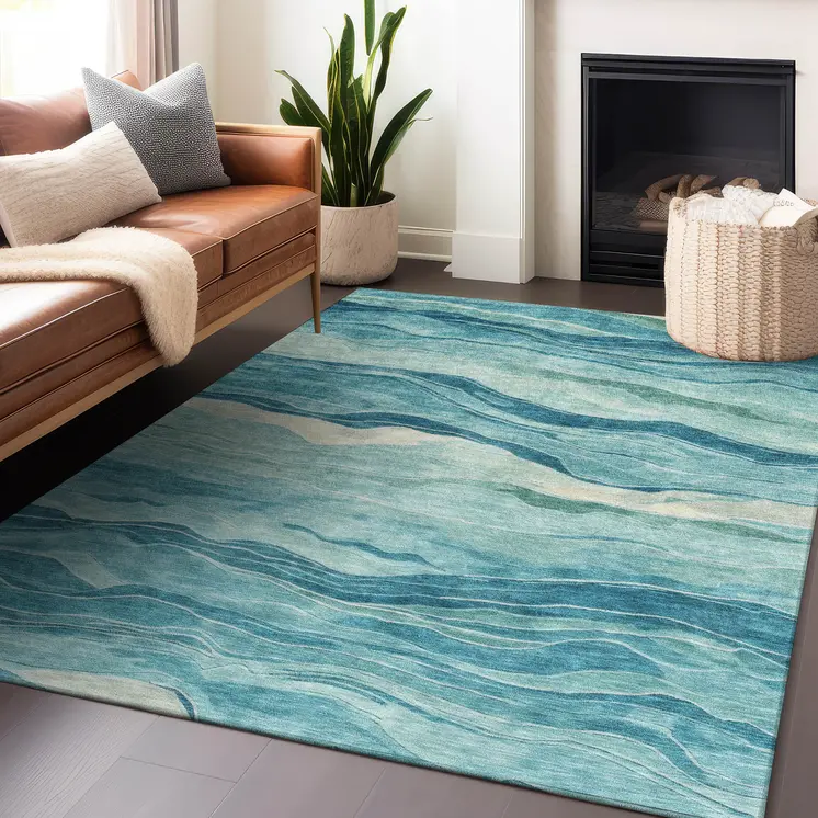 3' X 5' Turquoise Striped Washable Indoor Outdoor Area Rug
