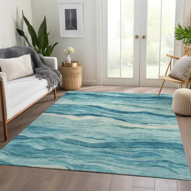 3' X 5' Turquoise Striped Washable Indoor Outdoor Area Rug