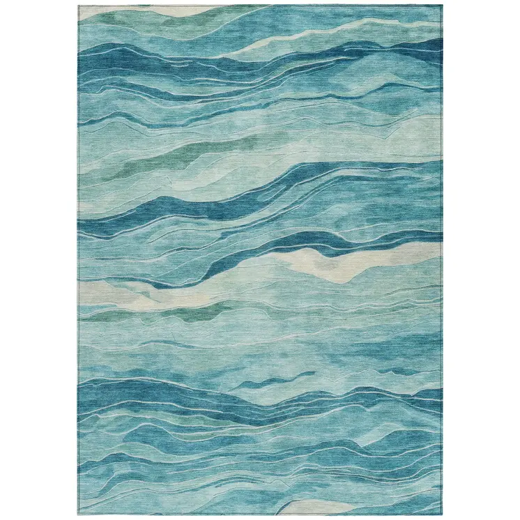 5' X 8' Turquoise Striped Washable Indoor Outdoor Area Rug