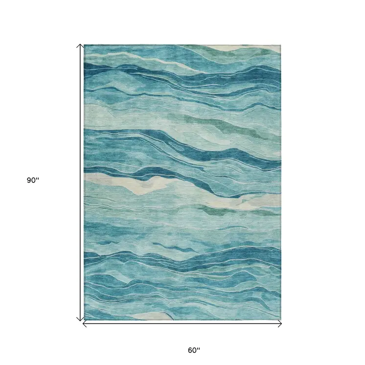 5' X 8' Turquoise Striped Washable Indoor Outdoor Area Rug