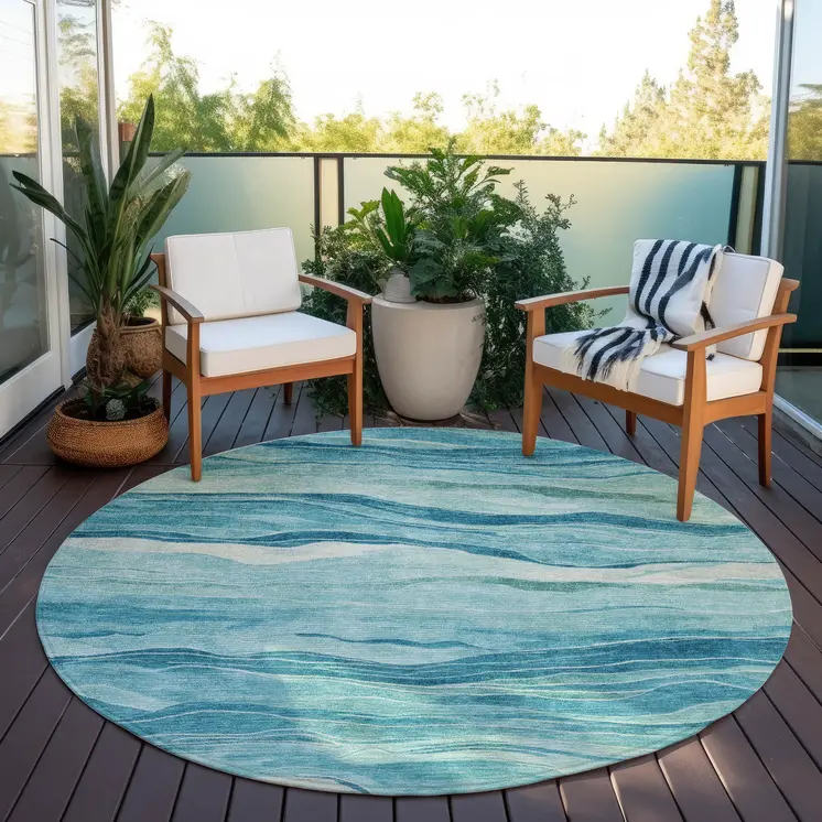 8' Turquoise Round Striped Washable Indoor Outdoor Area Rug