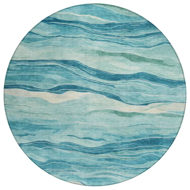 8' Turquoise Round Striped Washable Indoor Outdoor Area Rug