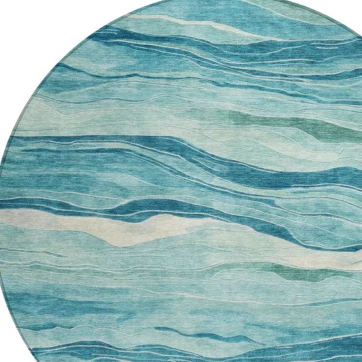 8' Turquoise Round Striped Washable Indoor Outdoor Area Rug