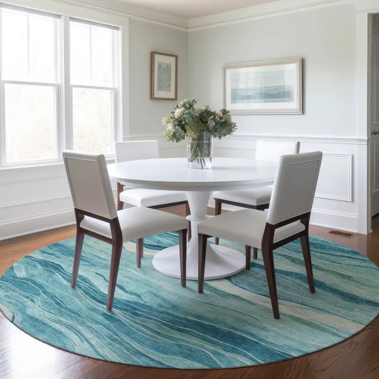 8' Turquoise Round Striped Washable Indoor Outdoor Area Rug