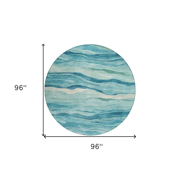 8' Turquoise Round Striped Washable Indoor Outdoor Area Rug
