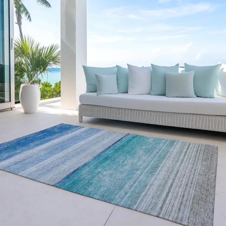 5' X 8' Sky Blue Striped Washable Indoor Outdoor Area Rug