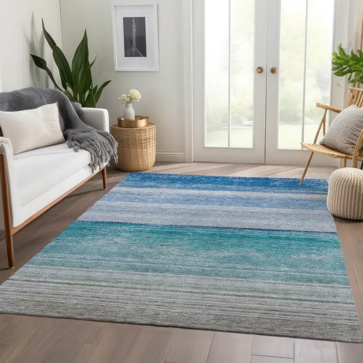 5' X 8' Sky Blue Striped Washable Indoor Outdoor Area Rug