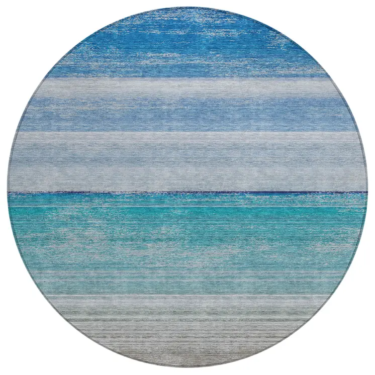 8' Sky Blue Round Striped Washable Indoor Outdoor Area Rug