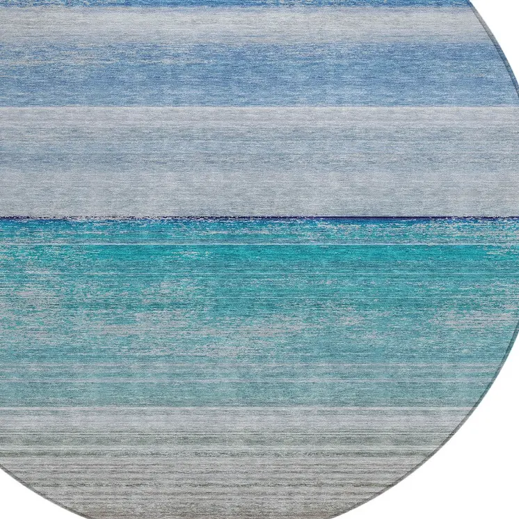 8' Sky Blue Round Striped Washable Indoor Outdoor Area Rug