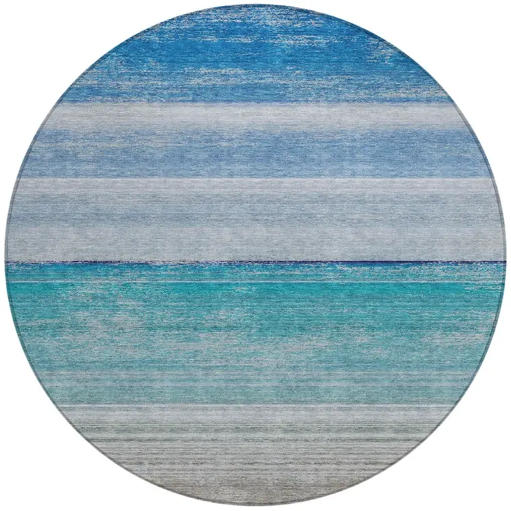 8' Sky Blue Round Striped Washable Indoor Outdoor Area Rug