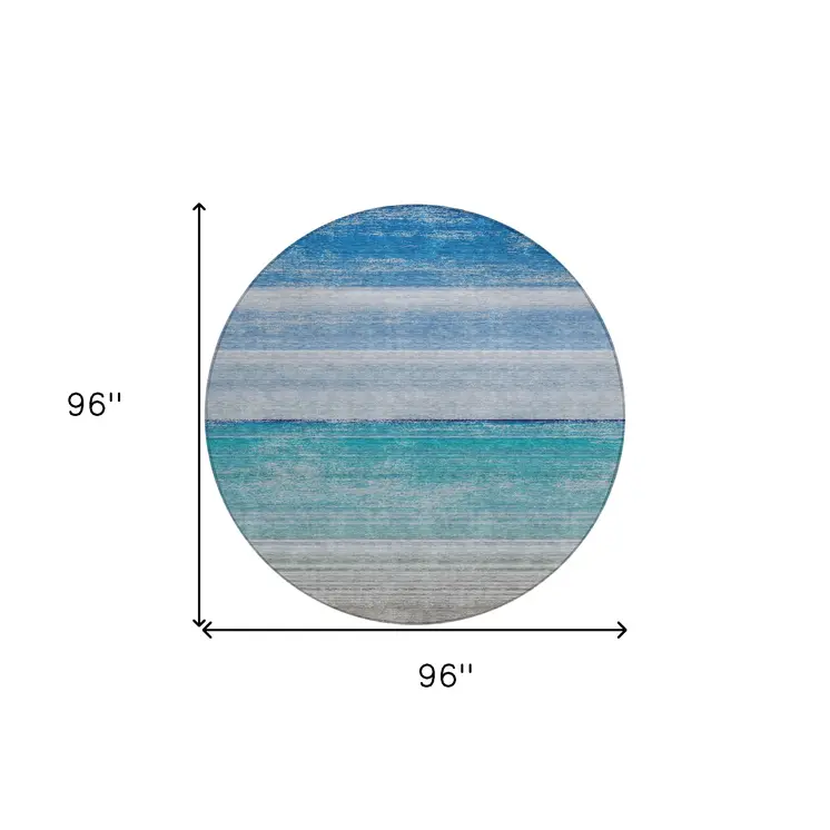 8' Sky Blue Round Striped Washable Indoor Outdoor Area Rug