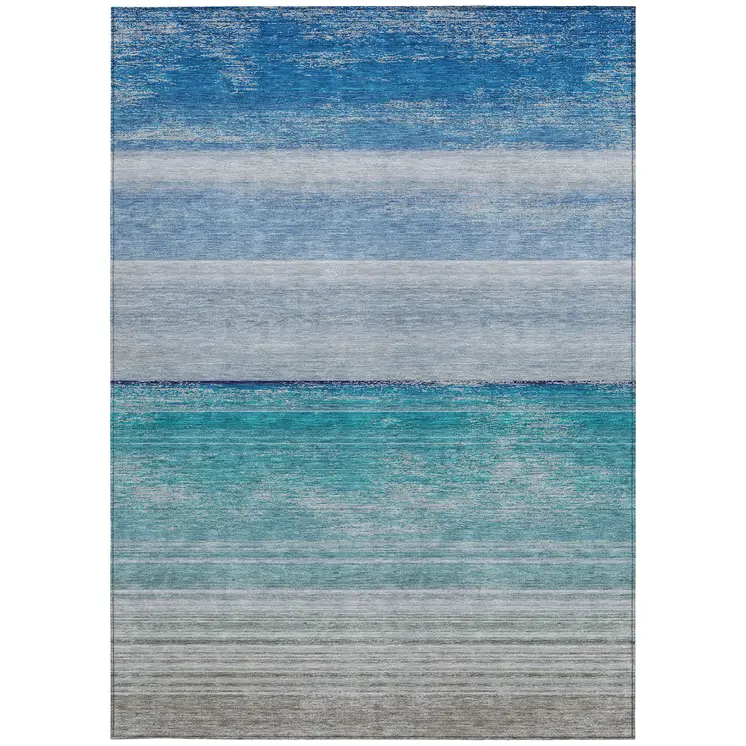 8' X 10' Sky Blue Striped Washable Indoor Outdoor Area Rug