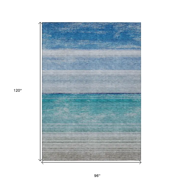 8' X 10' Sky Blue Striped Washable Indoor Outdoor Area Rug