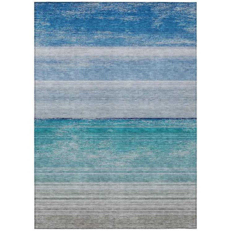 8' X 10' Sky Blue Striped Washable Indoor Outdoor Area Rug