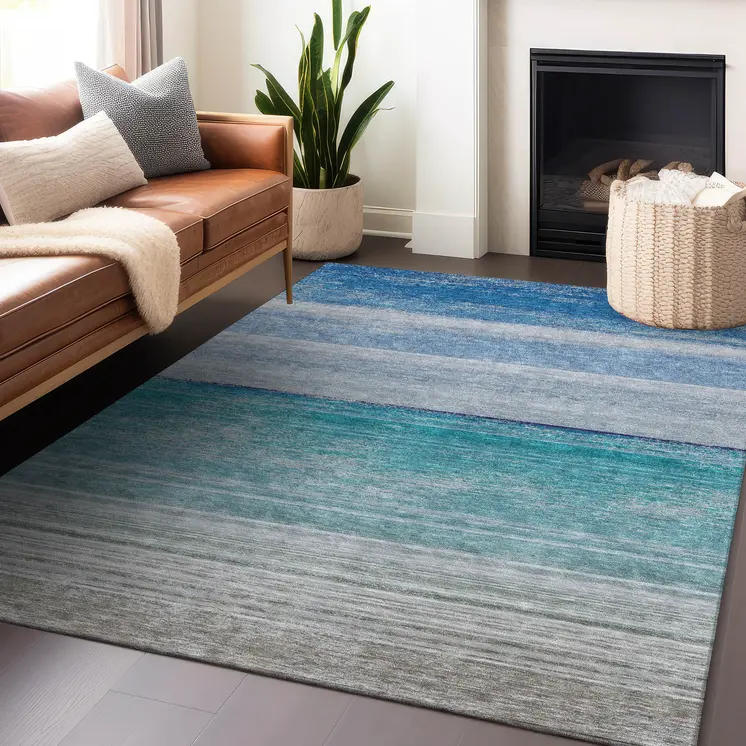 8' X 10' Sky Blue Striped Washable Indoor Outdoor Area Rug