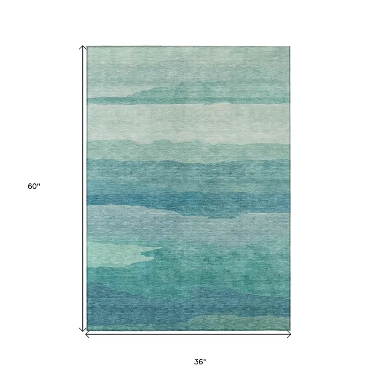 3' X 5' Turquoise Striped Washable Indoor Outdoor Area Rug