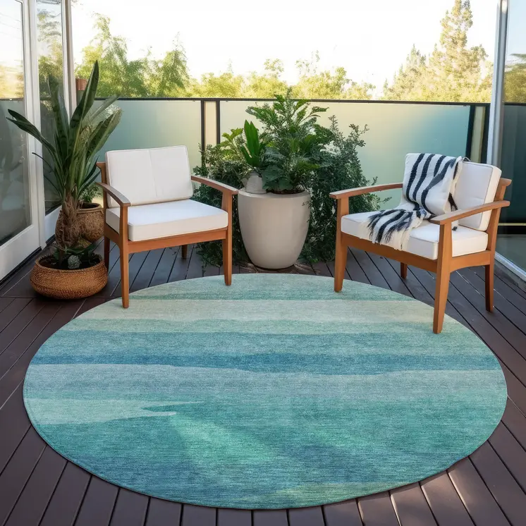 8' Turquoise Round Striped Washable Indoor Outdoor Area Rug