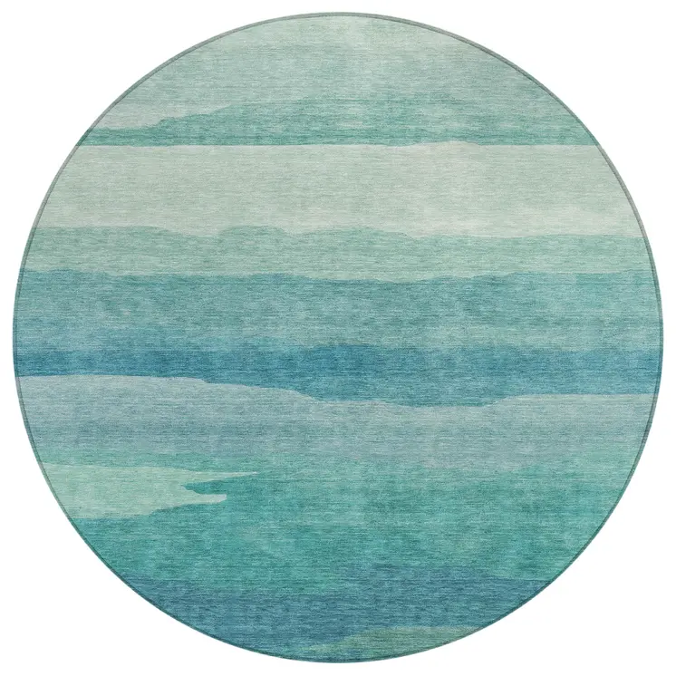 8' Turquoise Round Striped Washable Indoor Outdoor Area Rug
