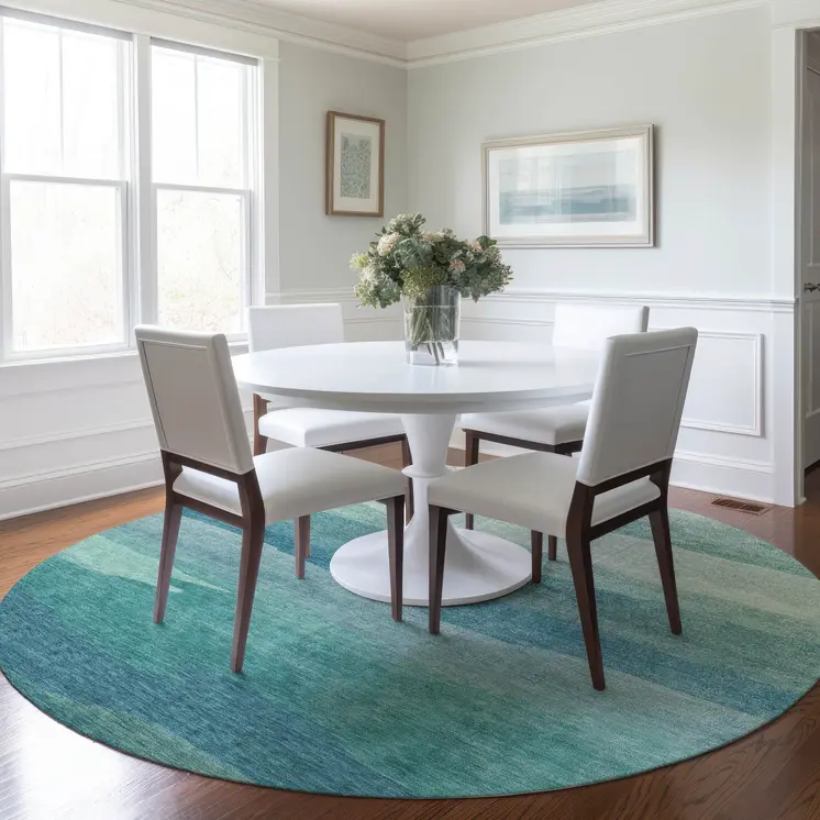 8' Turquoise Round Striped Washable Indoor Outdoor Area Rug