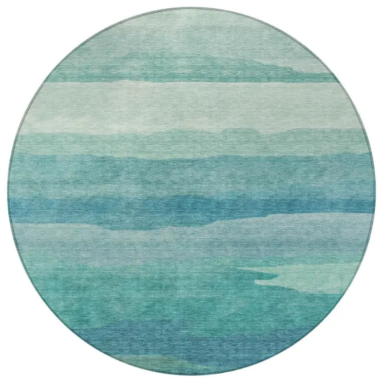 8' Turquoise Round Striped Washable Indoor Outdoor Area Rug