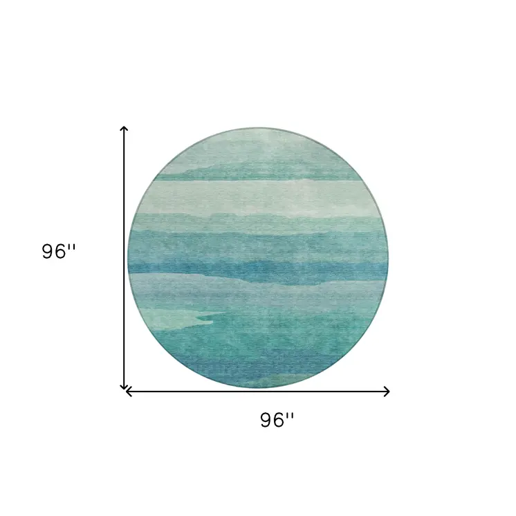 8' Turquoise Round Striped Washable Indoor Outdoor Area Rug