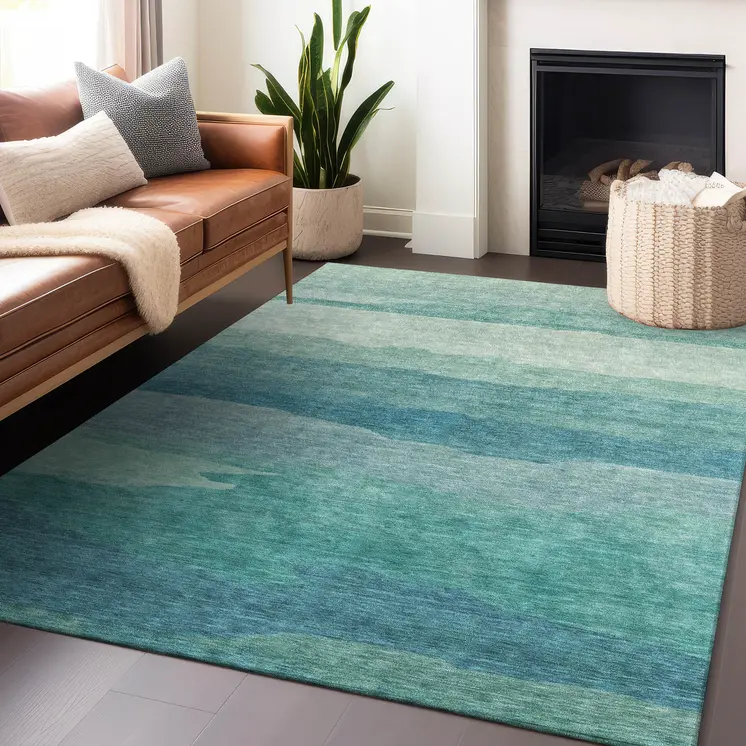 8' X 10' Turquoise Striped Washable Indoor Outdoor Area Rug