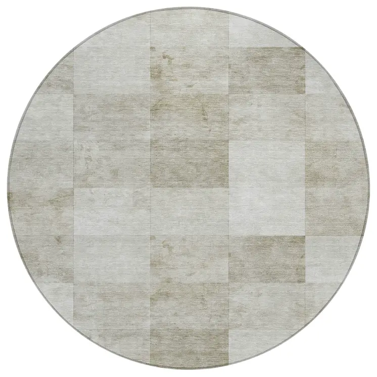 8' Beige Round Geometric Washable Indoor Outdoor Area Rug