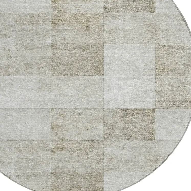 8' Beige Round Geometric Washable Indoor Outdoor Area Rug