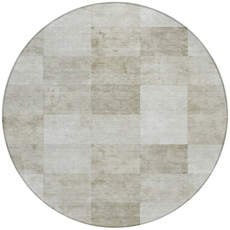 8' Beige Round Geometric Washable Indoor Outdoor Area Rug