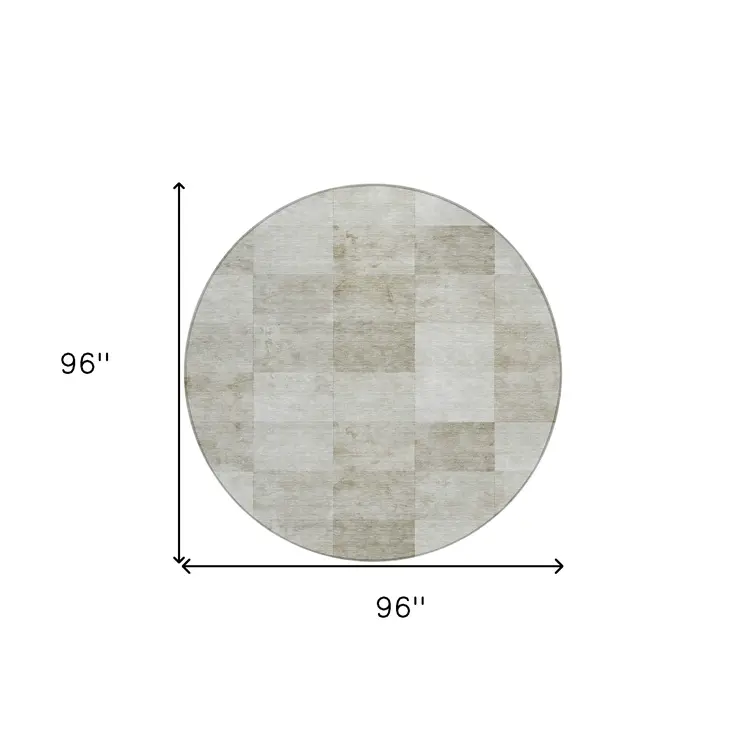 8' Beige Round Geometric Washable Indoor Outdoor Area Rug
