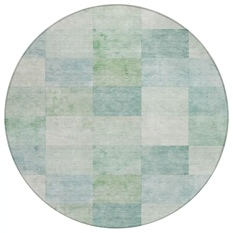 8' Blue Round Geometric Washable Indoor Outdoor Area Rug