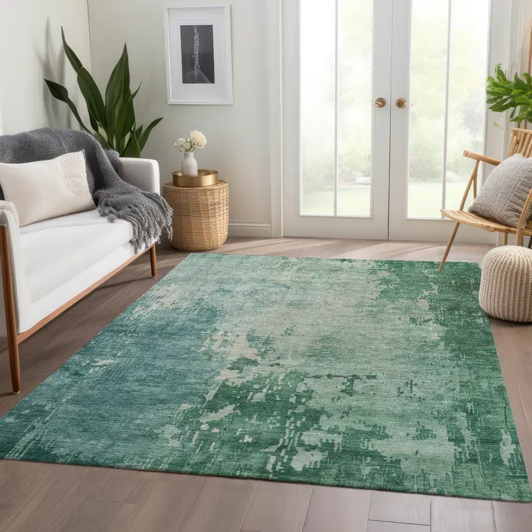 5' X 8' Emerald Abstract Washable Indoor Outdoor Area Rug
