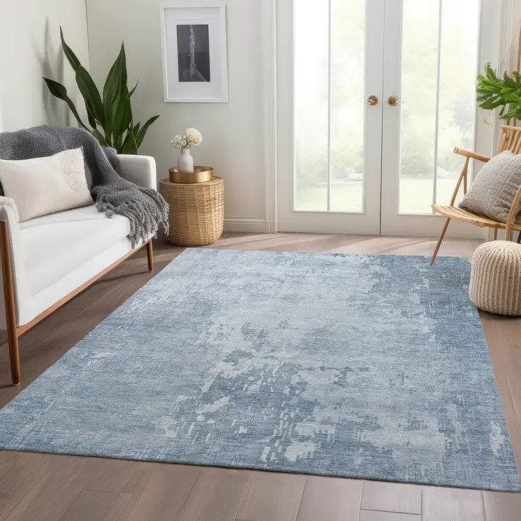 10' X 14' Sky Blue Abstract Washable Indoor Outdoor Area Rug