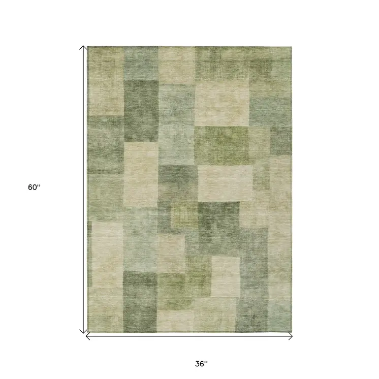 3' X 5' Artichoke Green Geometric Washable Indoor Outdoor Area Rug
