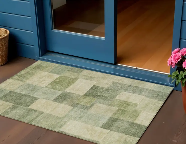 3' X 5' Artichoke Green Geometric Washable Indoor Outdoor Area Rug