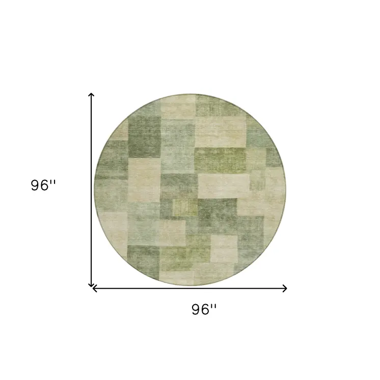 8' Artichoke Green Round Geometric Washable Indoor Outdoor Area Rug
