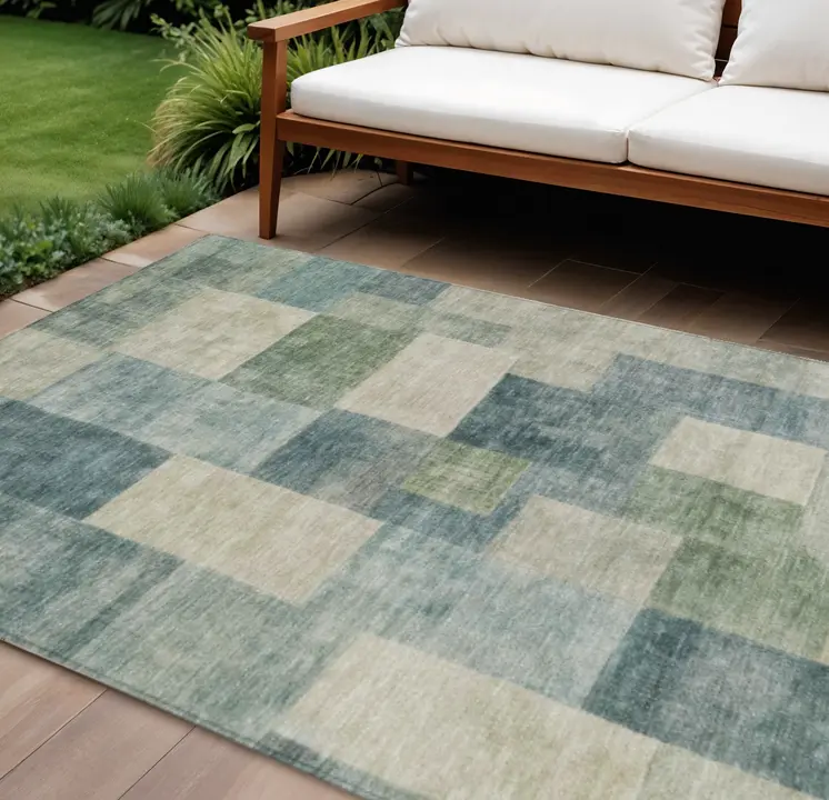 3' X 5' Blue Geometric Washable Indoor Outdoor Area Rug