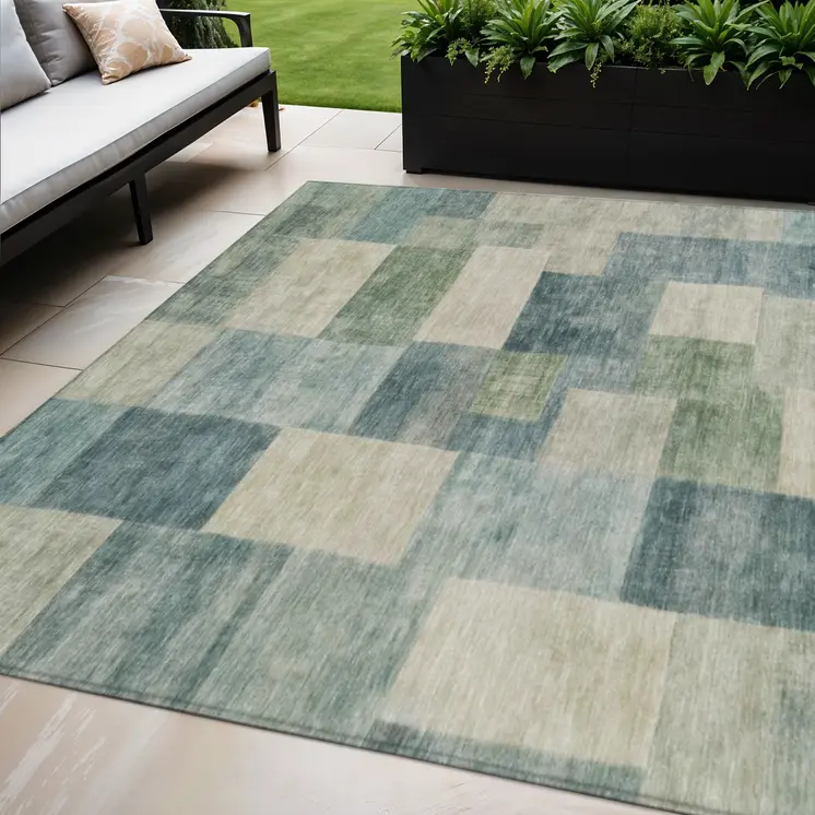 3' X 5' Blue Geometric Washable Indoor Outdoor Area Rug