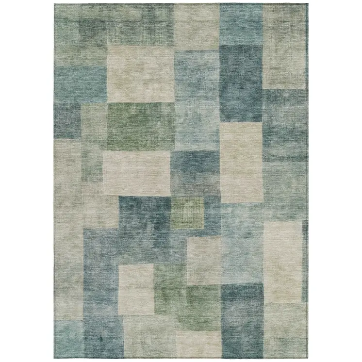 3' X 5' Blue Geometric Washable Indoor Outdoor Area Rug