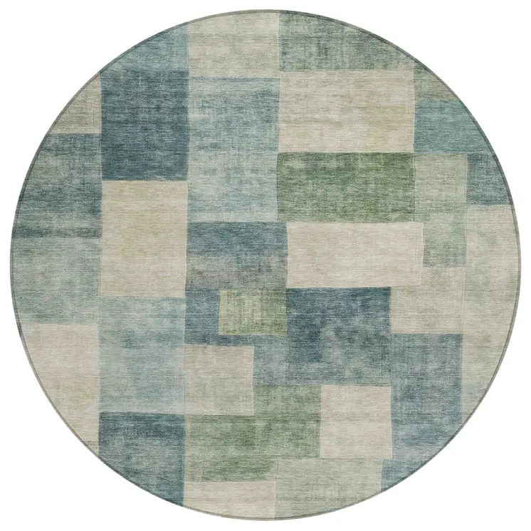 8' Blue Round Geometric Washable Indoor Outdoor Area Rug
