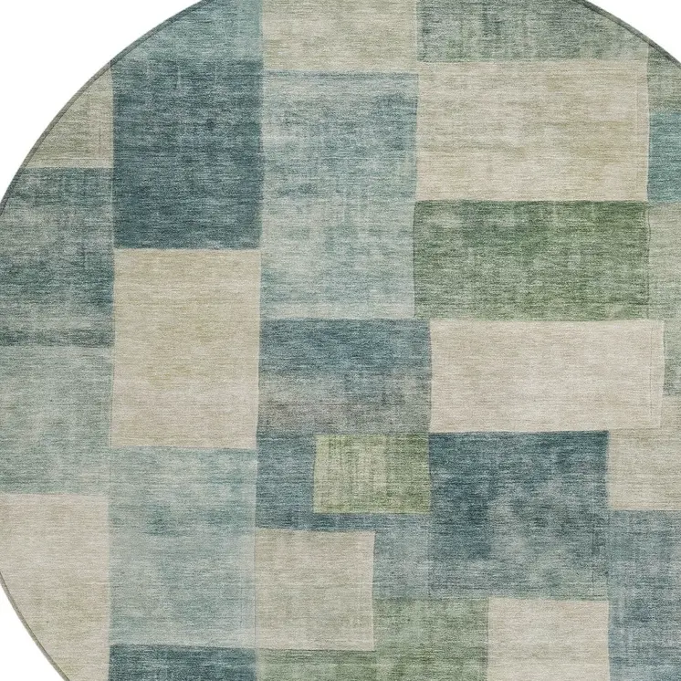 8' Blue Round Geometric Washable Indoor Outdoor Area Rug