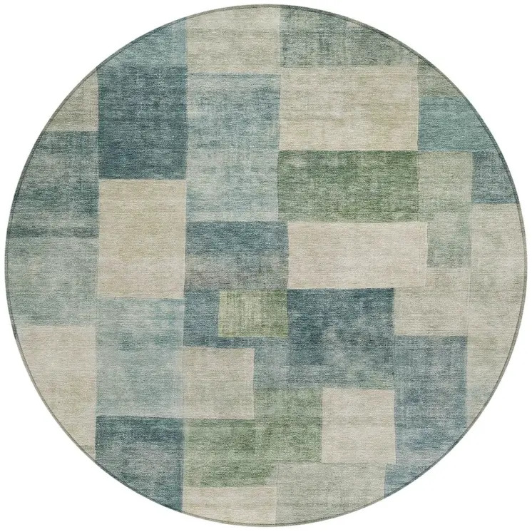 8' Blue Round Geometric Washable Indoor Outdoor Area Rug