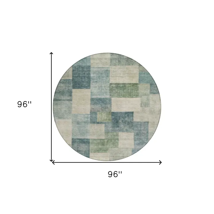 8' Blue Round Geometric Washable Indoor Outdoor Area Rug