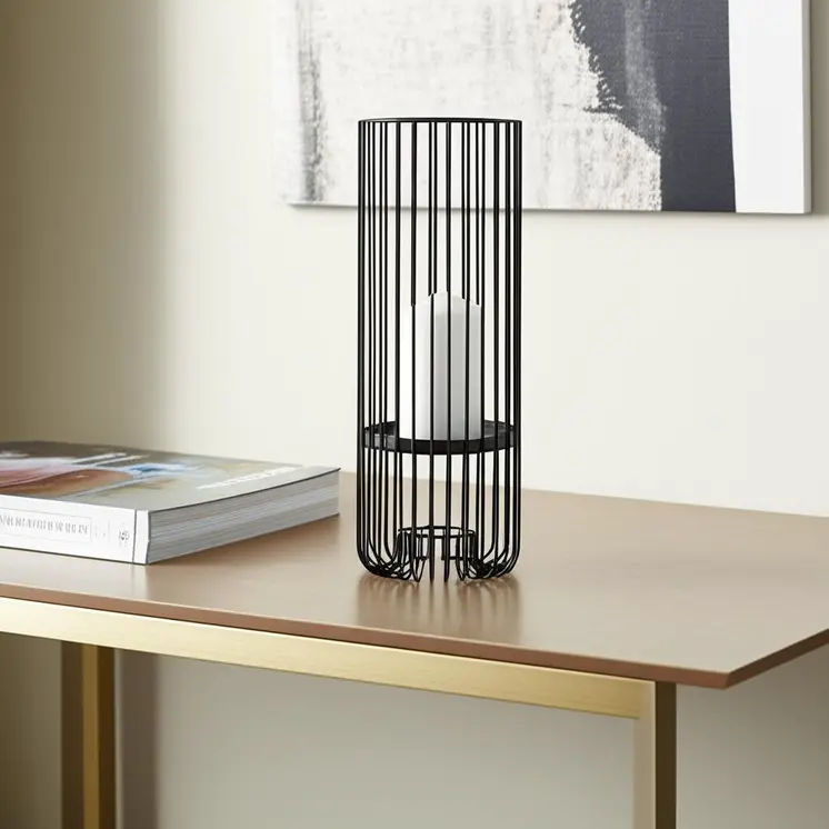17" Black Abstract Metal And Glass Tabletop Hurricane Candle Holder