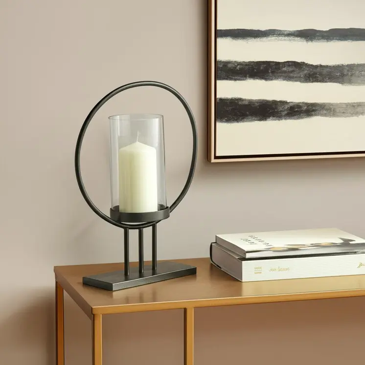 16" Black Geometric Metal Tabletop Hurricane Candle Holder