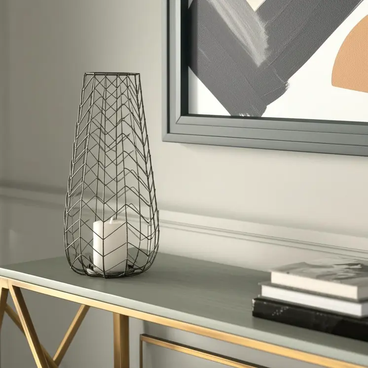 24" Gold Distressed Lattice Metal Tabletop Hurricane Candle Holder