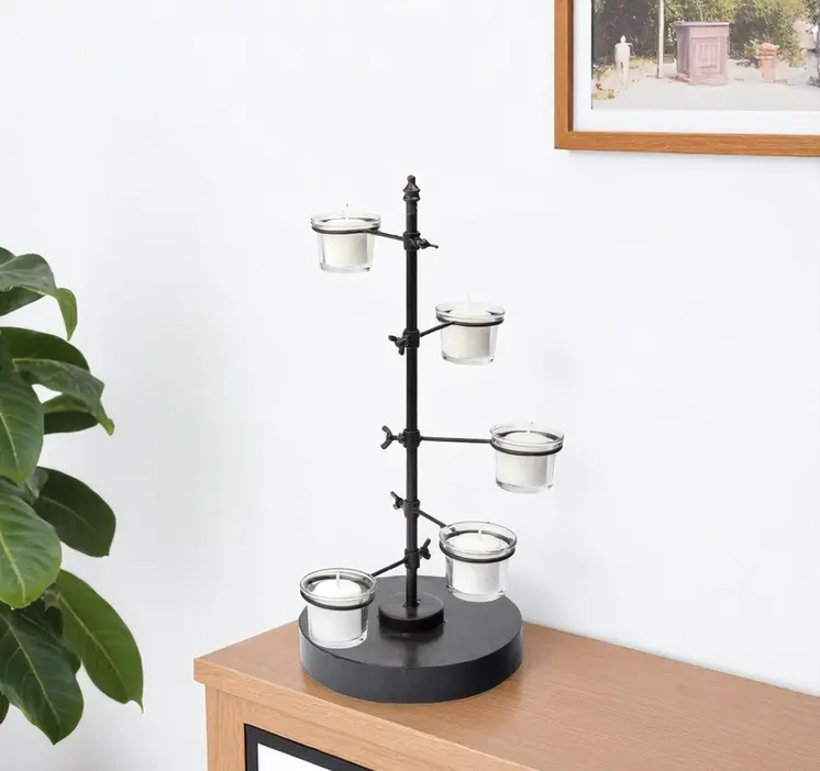 17" Black Distressed Abstract Metal Tabletop Tealight Candle Holder