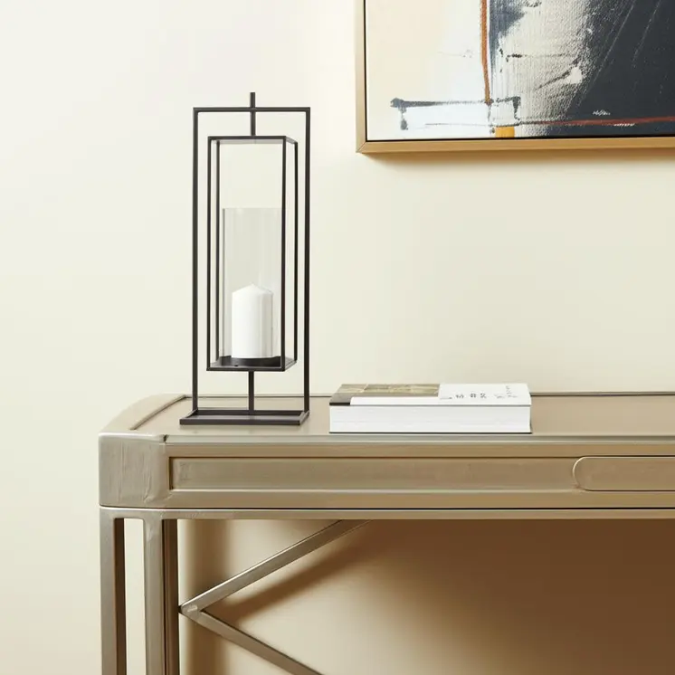24" Black Geometric Metal Tabletop Lantern Candle Holder