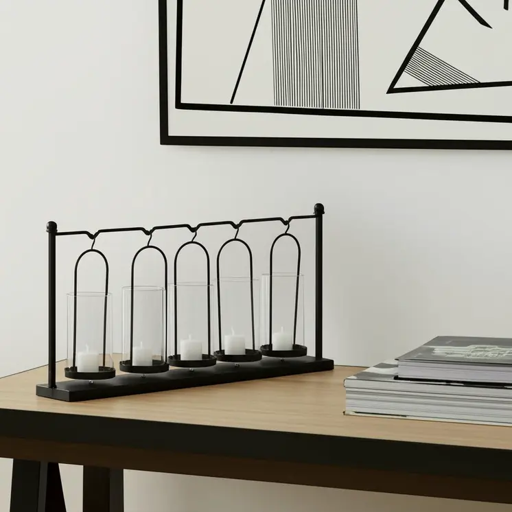 13" Black Geometric Metal And Glass Tabletop Votive Candle Holder