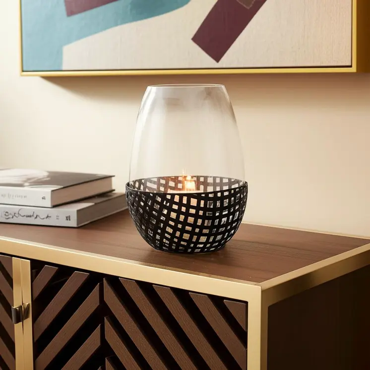 10" Black Woven Metal And Glass Tabletop Hurricane Candle Holder